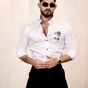 Love Teddy White Embroidered Club Wear Satin Cotton Shirt