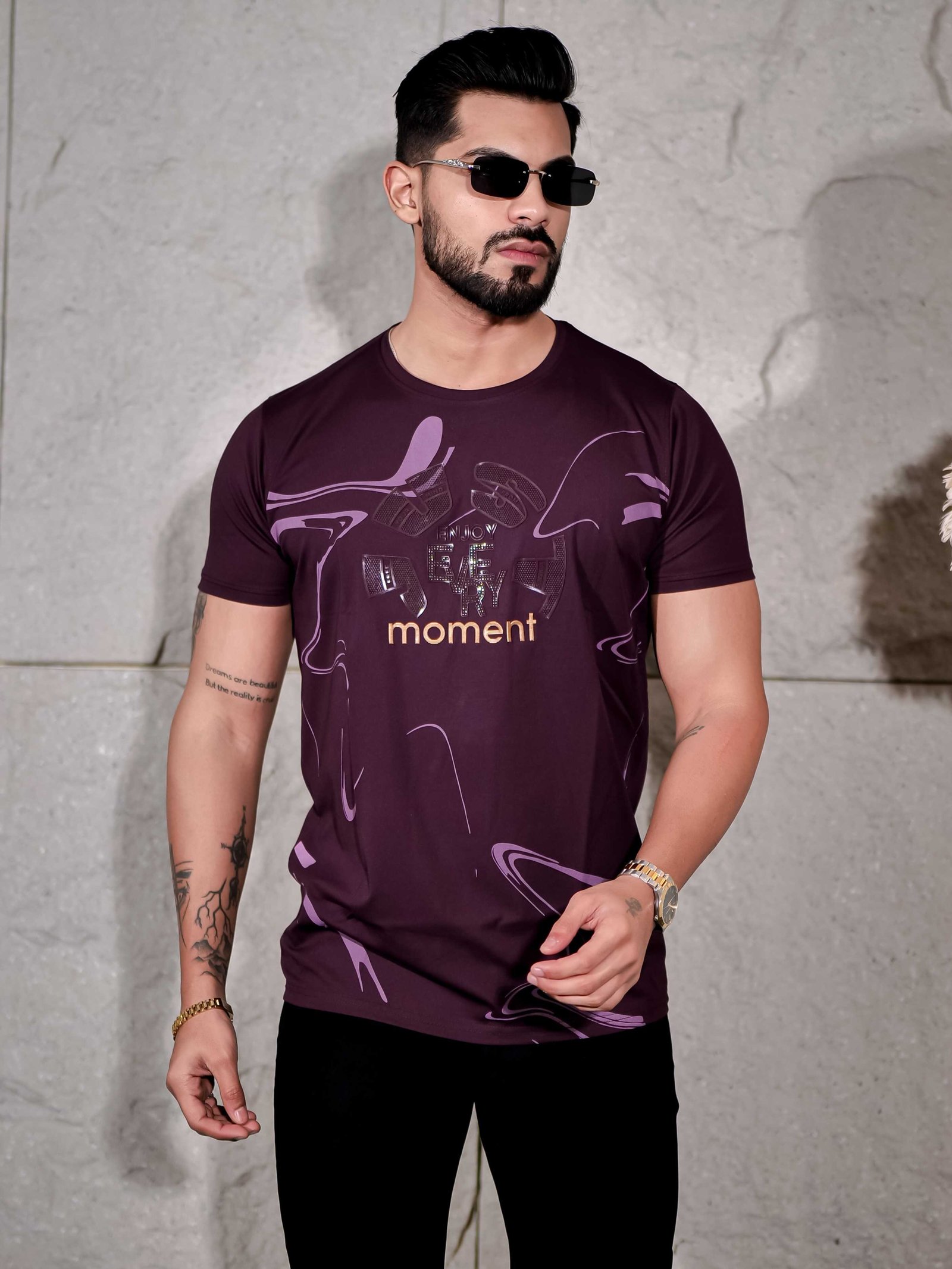Dark Wine Round Neck Imported Cotton Half Sleeve Premium Designer T-Shirt