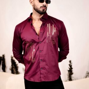 Dance Wine Sequence Club Wear Satin Cotton Party Shirt