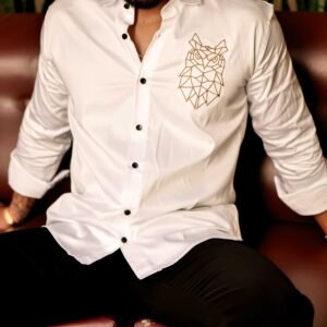 Geometric owl White Golden Embroidered Club Wear Satin Cotton Shirt