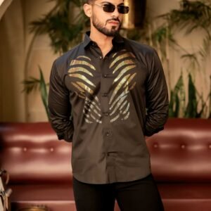 Hot Black Sequence Club Wear Satin Cotton Party Shirt