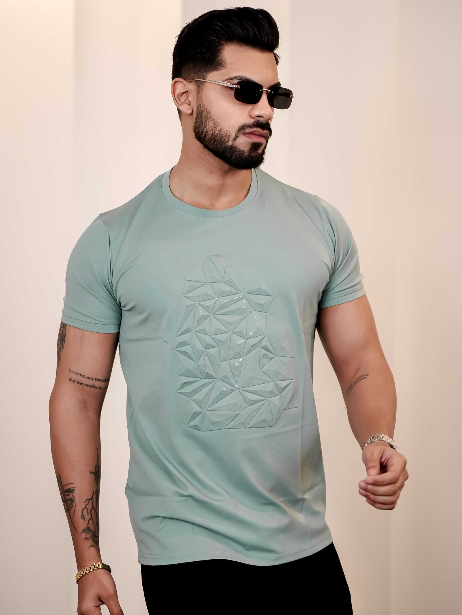 Light Green Round Neck Imported Cotton Half Sleeve Premium Designer T-Shirt