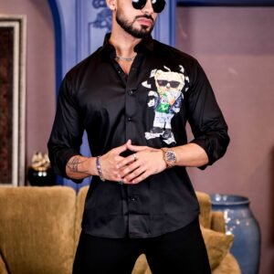 Black Club Wear Printed Satin Cotton Shirt