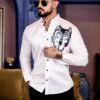 Wolf Love White Club Wear Printed Satin Cotton Shirt